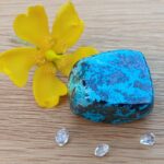 Polished turquoise stone beside yellow flower and crystals