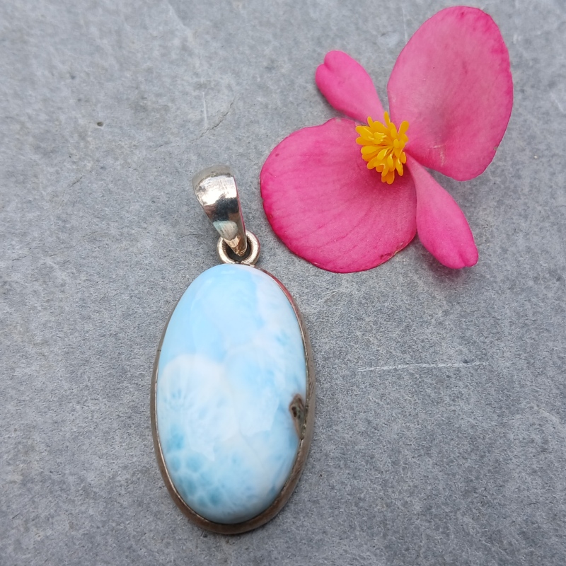 Blue oval gemstone pendant beside pink flower