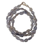 Grey-blue oval gemstone bead necklace with gold clasp