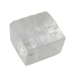 Translucent cubic crystal on white background