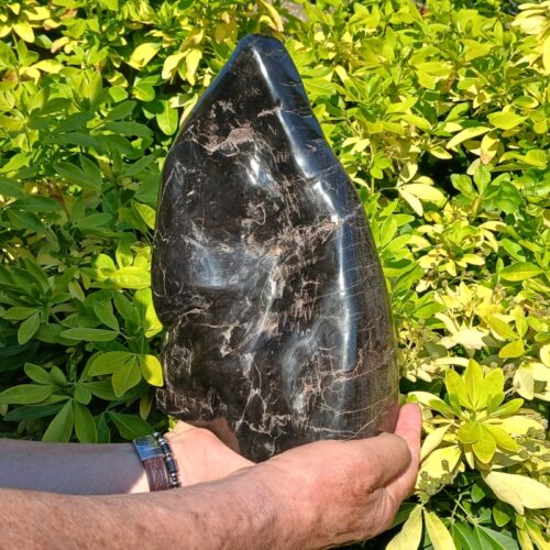 Hands holding large polished black stone outdoors
