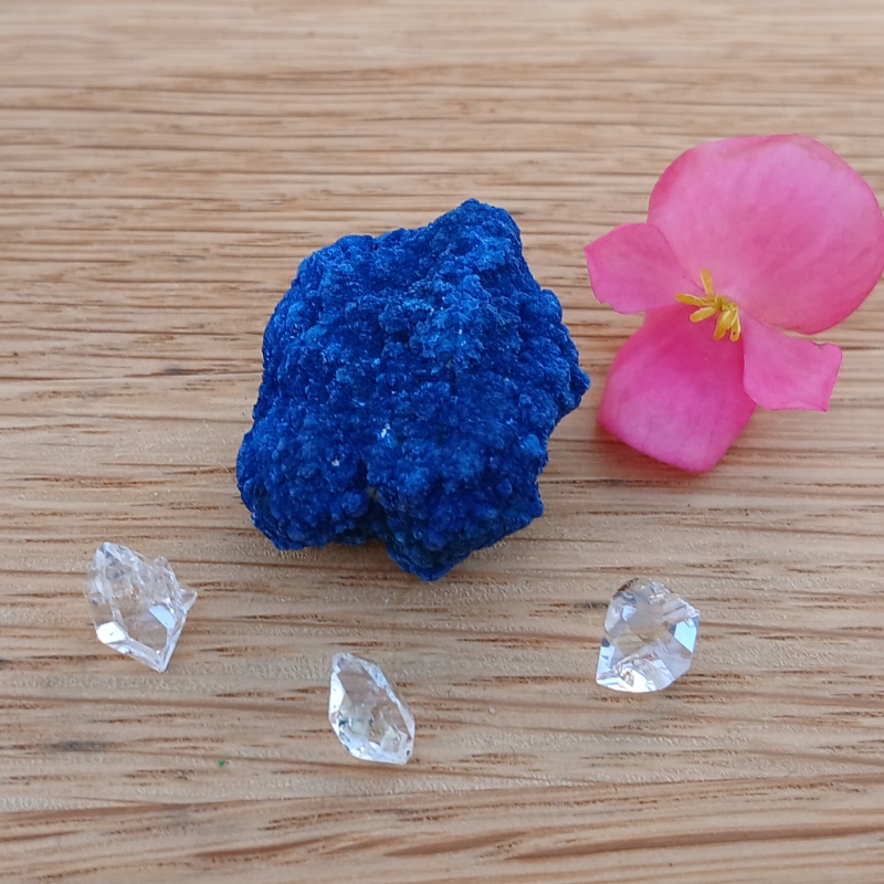 Blue mineral specimen, pink flower and clear crystals on wood