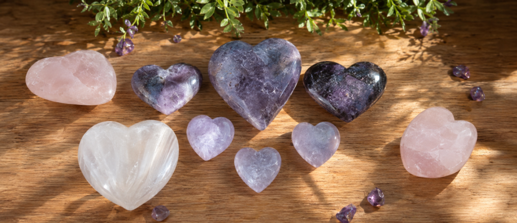 Heart-shaped rose quartz and amethyst crystals on wood