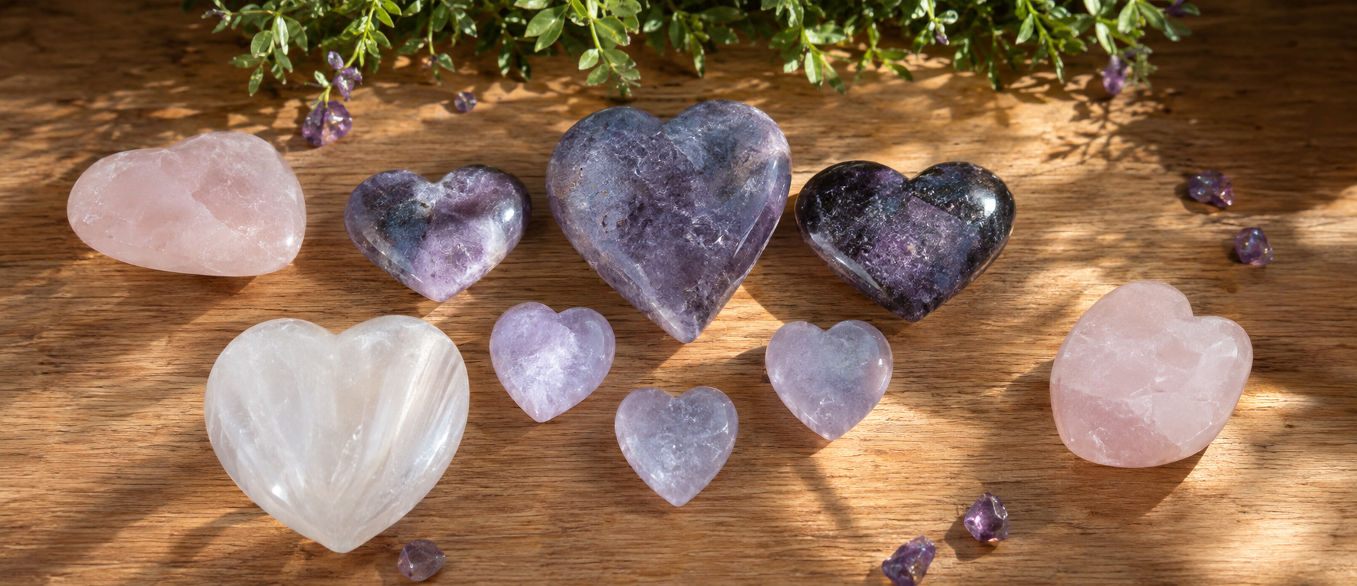 Heart-shaped rose quartz and amethyst crystals on wood