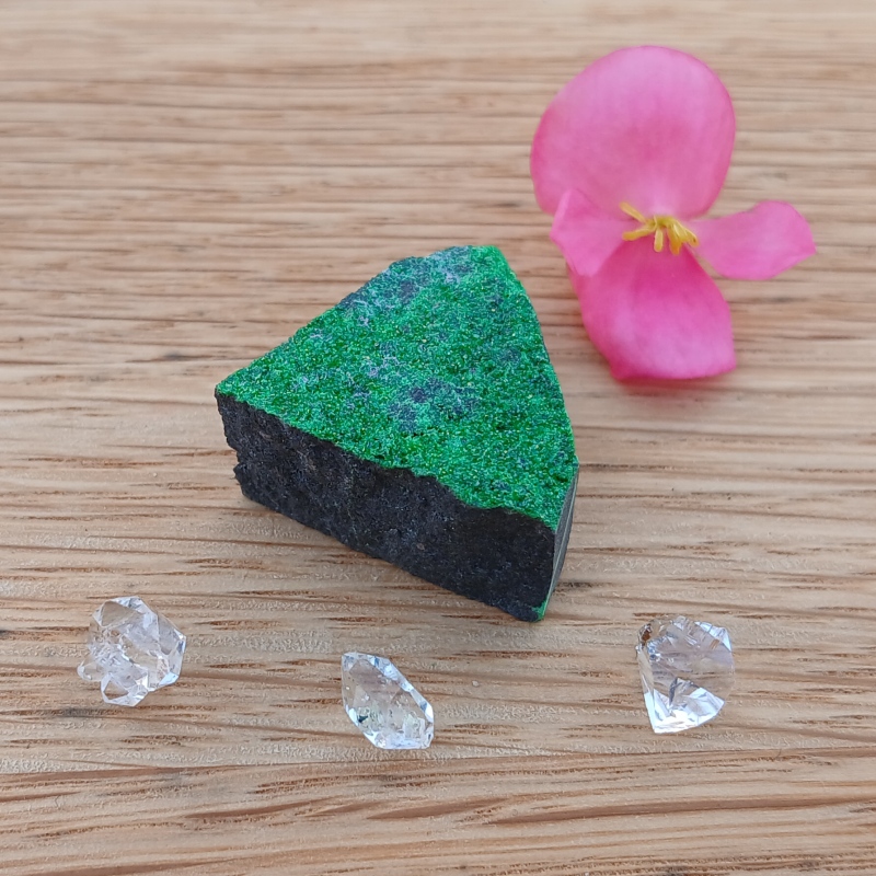 Green mineral specimen with crystals and pink flower